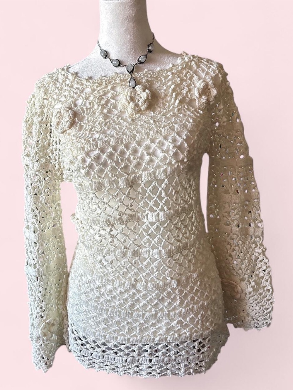 Vintage light Cream Crochet Long-Sleeve Women's Top